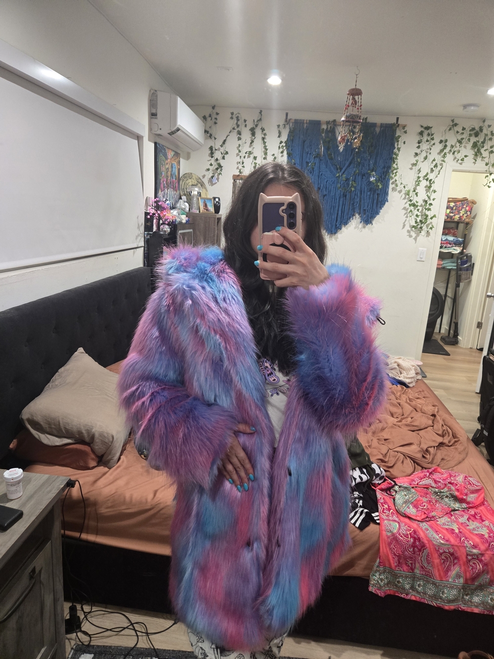 Fuzzy Multi-Color Hooded Faux Fur Coat - Picture 2 of 3